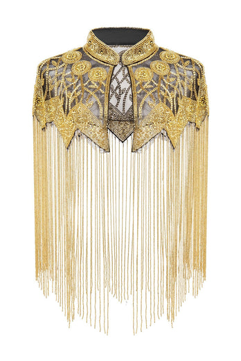 Queendancer Women Sparkly Black Golden Beaded 1920s Cape with Frings
