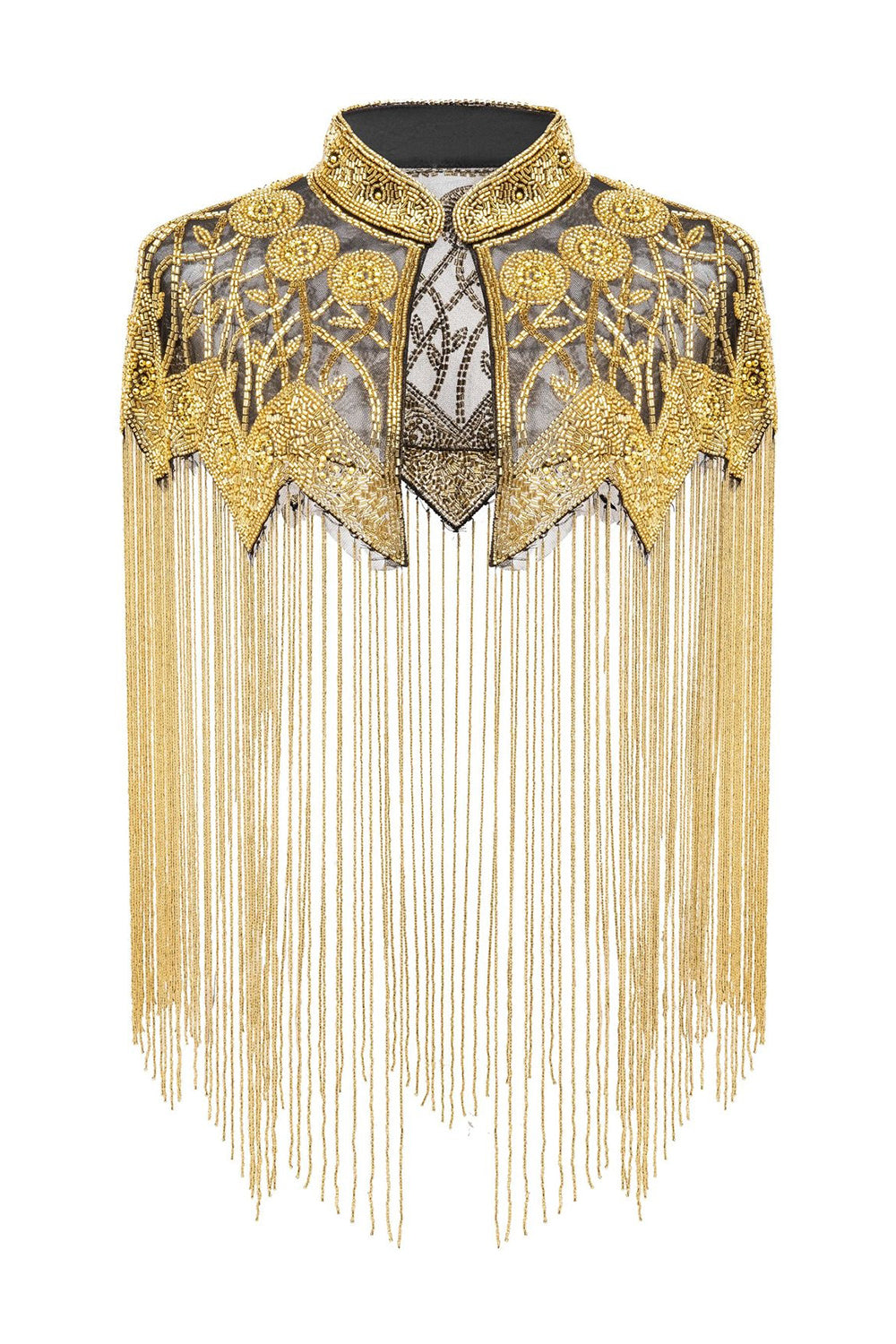 Queendancer Women Sparkly Black Golden Beaded 1920s Cape with Frings