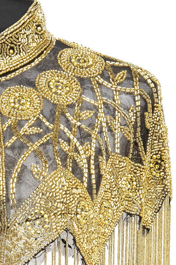 Sparkly Black Golden Beaded 1920s Cape with Frings