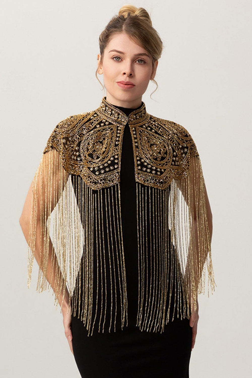 Sparkly Black Golden Fringed 1920s Cape with Beading