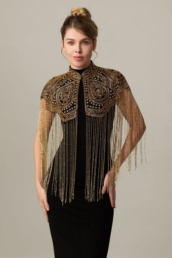 Sparkly Black Golden Fringed 1920s Cape with Beading
