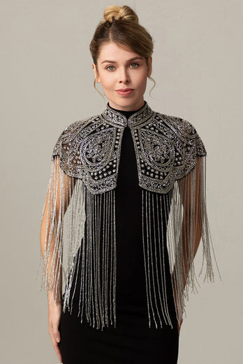 Sparkly Black Golden Fringed 1920s Cape with Beading