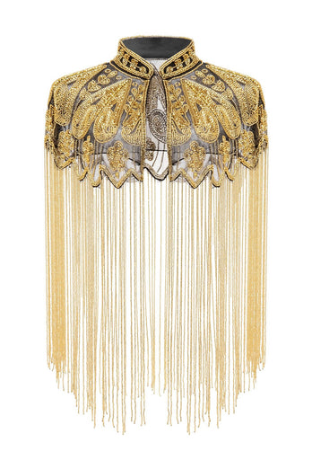 Sparkly Black Golden Beaded Fringed 1920s Cape
