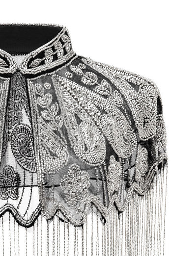 Sparkly Black Golden Beaded Fringed 1920s Cape