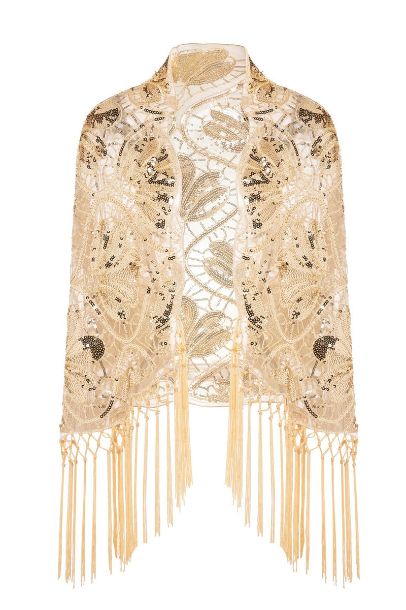 Load image into Gallery viewer, Sparkly Apricot Beaded Fringed 1920s Cape with Sequins