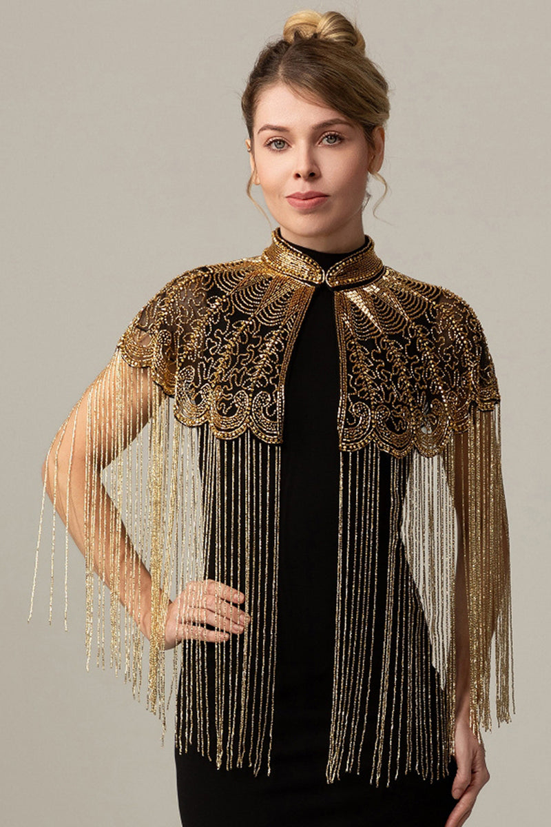 Load image into Gallery viewer, Queendancer Women Sparkly Black Golden 1920s Cape with Fringes Beaded Vintage Shawl