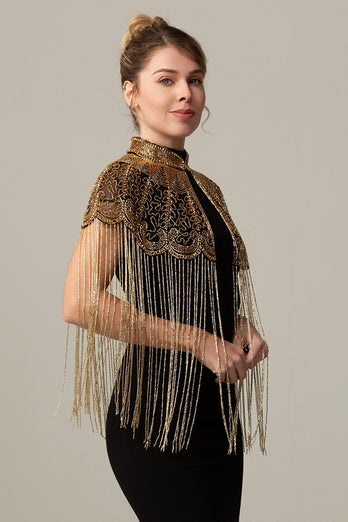 Sparkly Beaded Black Golden 1920s Cape with Fringes