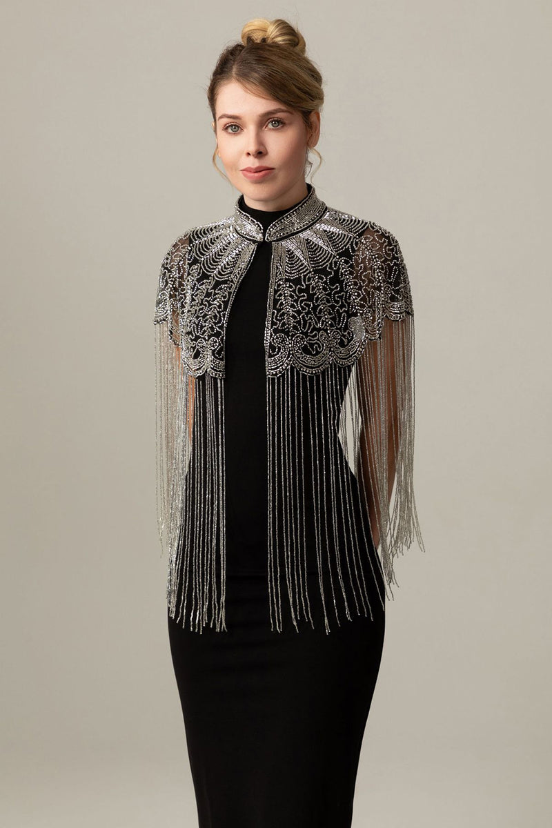 Load image into Gallery viewer, Sparkly Beaded Black Golden 1920s Cape with Fringes