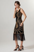 Load image into Gallery viewer, Sparkly Black Golden Bodycon Beaded Short 1920s Dress with Fringes