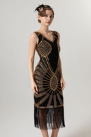 Load image into Gallery viewer, Sparkly Black Golden Bodycon Beaded Short 1920s Dress with Fringes