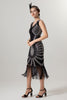 Load image into Gallery viewer, Sparkly Black Golden Bodycon Beaded Short 1920s Dress with Fringes