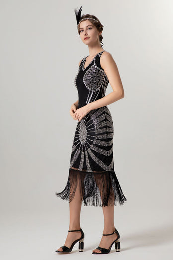 Sparkly Black Golden Bodycon Beaded Short 1920s Dress with Fringes