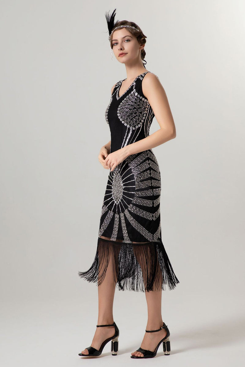 Load image into Gallery viewer, Sparkly Black Golden Bodycon Beaded Short 1920s Dress with Fringes