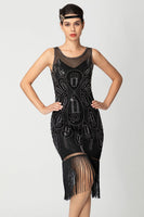 Load image into Gallery viewer, Sparkly Black Fringed Bodycon Beaded Short 1920s Dress with Sequins