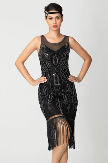 Sparkly Black Fringed Bodycon Beaded Short 1920s Dress with Sequins