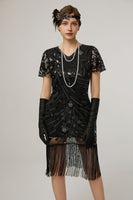 Load image into Gallery viewer, Sparkly Black Sequin Bodycon Short Sleeves 1920s Dress with Fringes