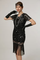 Load image into Gallery viewer, Sparkly Black Sequin Bodycon Short Sleeves 1920s Dress with Fringes