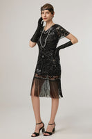 Load image into Gallery viewer, Sparkly Black Sequin Bodycon Short Sleeves 1920s Dress with Fringes