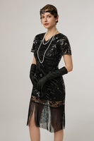 Load image into Gallery viewer, Sparkly Black Sequin Bodycon Short Sleeves 1920s Dress with Fringes