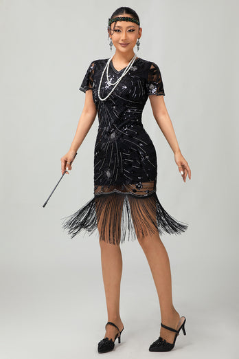 Sparkly Black Sequins Short Sleeves Flapper Dress with Fringes