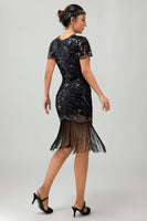 Load image into Gallery viewer, Sparkly Black Sequins Short Sleeves Flapper Dress with Fringes