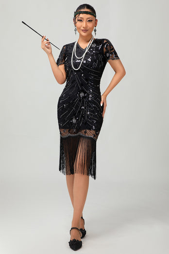 Sparkly Black Sequins Short Sleeves Flapper Dress with Fringes