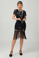 Load image into Gallery viewer, Sparkly Black Sequins Short Sleeves Flapper Dress with Fringes
