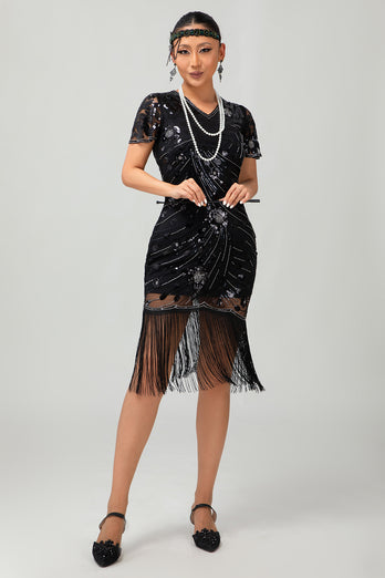 Sparkly Black Sequins Short Sleeves Flapper Dress with Fringes