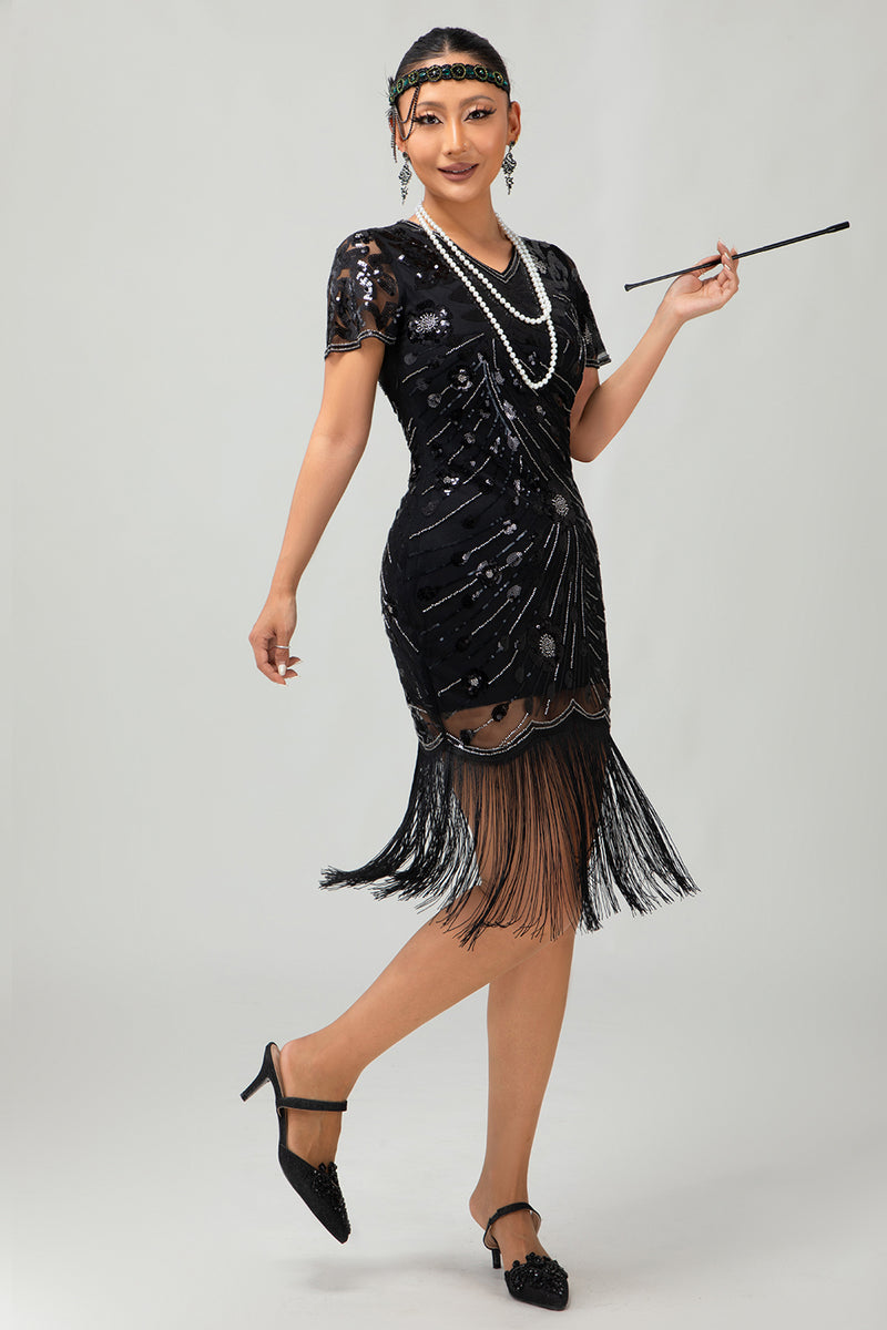 Load image into Gallery viewer, Sparkly Black Sequins Short Sleeves Flapper Dress with Fringes