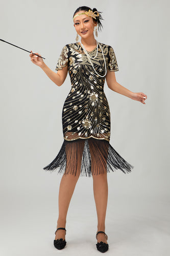 Sparkly Black Golden Sequins Fringed Flapper Dress with Sleeves