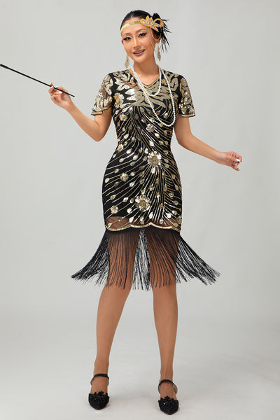Sparkly Black Golden Sequins Fringed Flapper Dress with Sleeves
