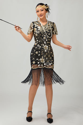 Sparkly Black Sequins Short Sleeves Flapper Dress with Fringes