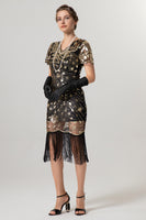 Load image into Gallery viewer, Sparkly Black Sequin Bodycon Short Sleeves 1920s Dress with Fringes