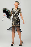 Load image into Gallery viewer, Sparkly Black Golden Sequins Fringed Flapper Dress with Sleeves
