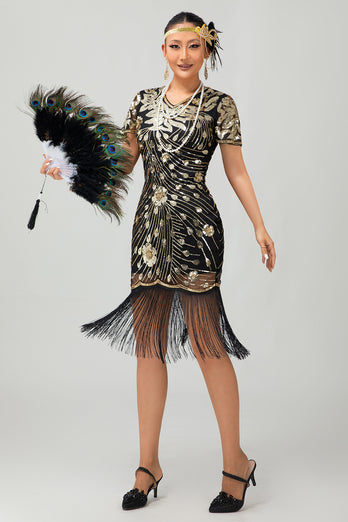 Sparkly Black Sequins Short Sleeves Flapper Dress with Fringes
