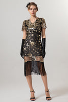 Load image into Gallery viewer, Sparkly Black Sequin Bodycon Short Sleeves 1920s Dress with Fringes