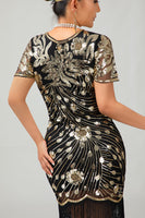 Load image into Gallery viewer, Sparkly Black Golden Sequins Fringed Flapper Dress with Sleeves