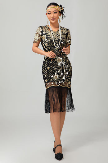 Sparkly Black Sequins Short Sleeves Flapper Dress with Fringes