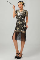 Load image into Gallery viewer, Sparkly Black Golden Sequins Fringed Flapper Dress with Sleeves