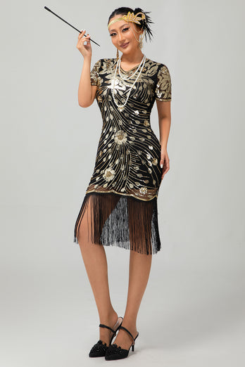 Sparkly Black Sequins Short Sleeves Flapper Dress with Fringes
