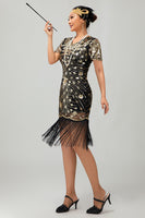 Load image into Gallery viewer, Sparkly Black Golden Sequins Fringed Flapper Dress with Sleeves