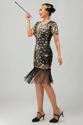 Sparkly Black Sequins Short Sleeves Flapper Dress with Fringes