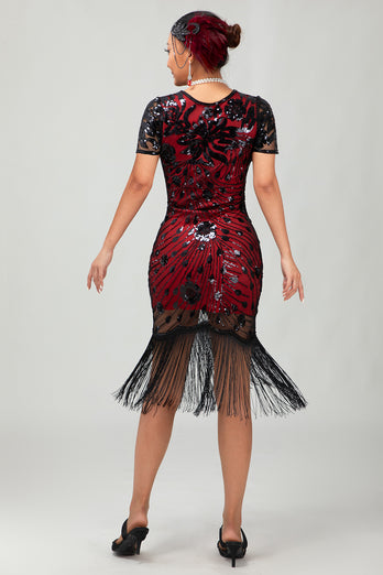 Sparkly Black Sequins Short Sleeves Flapper Dress with Fringes