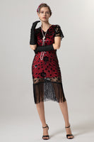 Load image into Gallery viewer, Sparkly Black Sequin Bodycon Short Sleeves 1920s Dress with Fringes