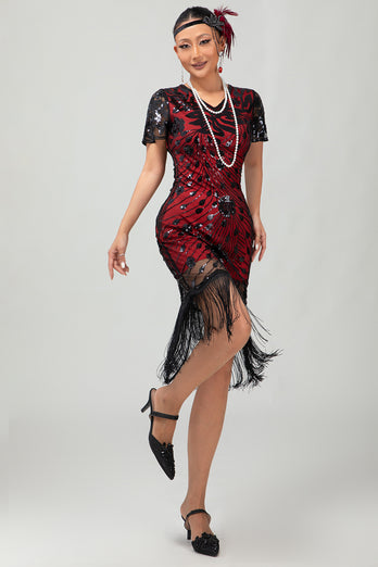 Sparkly Black Sequins Short Sleeves Flapper Dress with Fringes