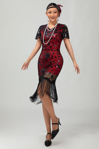 Sparkly Black Sequins Short Sleeves Flapper Dress with Fringes