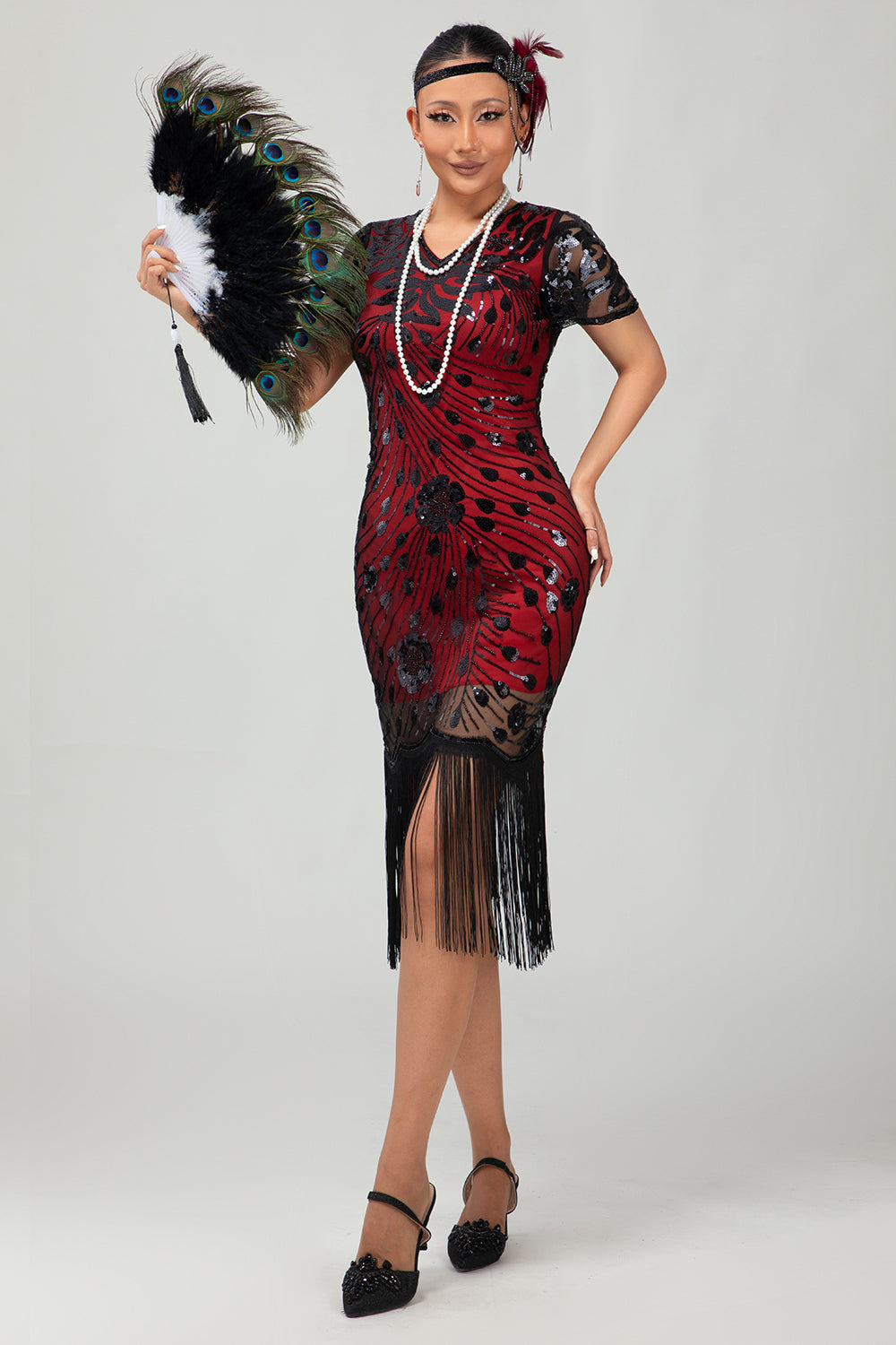 Sparkly Black Red Fringed Bodycon Short 1920s Dress with Sleeves