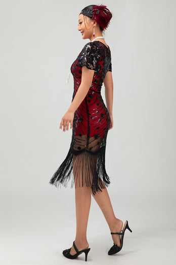 Sparkly Black Sequins Short Sleeves Flapper Dress with Fringes