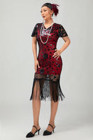 Load image into Gallery viewer, Sparkly Black Golden Sequins Fringed Flapper Dress with Sleeves