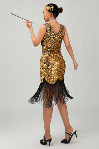 Sparkly Black Golden Sequins Tight Short 1920s Dress with Fringes